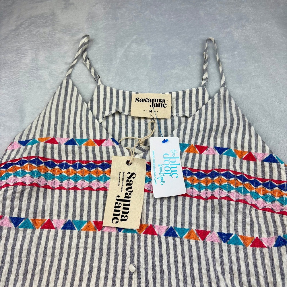Savanna Jane Striped Embroidered Sleeveless Mini Dress/Shirt‎ Cute Sz M NEW - Picture 7 of 10